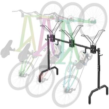 Imagem de DorBuphan Suporte organizador de bicicleta para 3 bicicletas, suporte portátil para estacionamento de bicicleta com 4 ganchos, suporte de chão para garagem/casa/uso interno/externo