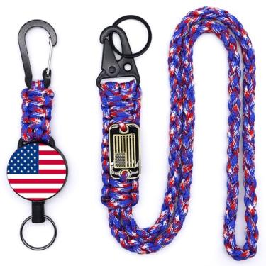 Imagem de cibtdtl Chaveiro retrátil de 2 peças, porta-crachá mosquetão resistente com carretel extensível para identidade, cordão de paracord da bandeira dos EUA, cabo de aço e colar de corda de paraquedas