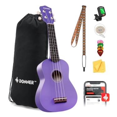 Imagem de Donner Ukulele Soprano para iniciantes kit de ukulele fosco de 53 cm com alça de saco para afinador de cordas pano palhetas, aulas online grátis (roxo)