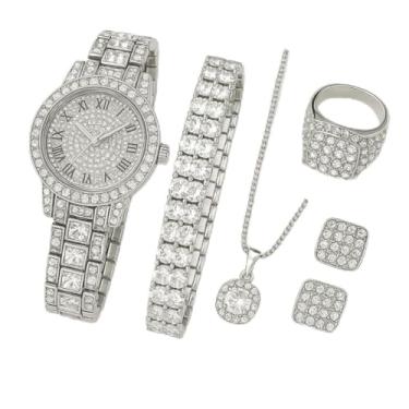 Imagem de Conjunto de Joias Luxuosas com Relógio, Colar, Brincos, Pulseira e Anel, Disponível em Dourado ou Prateado, 5 Peças (Prateado)