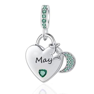 Imagem de QeenseKc Pingente de lua e estrela com pingente de coração do mês de nascimento de maio compatível com pulseira Pandora feminina