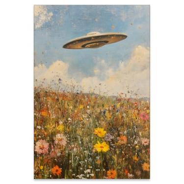 Imagem de UFO Trippy Surrealism Alien Poster Vintage Wildflower Botânico Wall Art Retrô Paisagem Tela Pintura a Óleo para Sala de Estar Quarto Decoração de Parede 40,6 x 61 cm Sem Moldura
