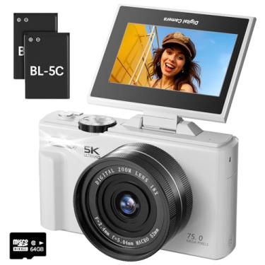 Imagem de Câmera digital 5K para fotografia – Câmera vlogging de foco automático de 75 MP para YouTube com cartão SD de 64 GB, WiFi, zoom 18X 7.6 cm 180°, câmera de viagem compacta com 2 baterias para