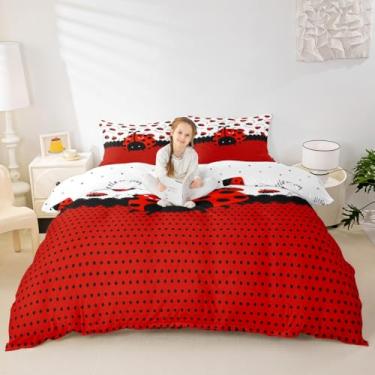 Imagem de Manfei Conjunto de capa de edredom infantil joaninha tamanho Queen, vermelho preto joaninha besouro inseto, decoração de quarto de meninas e meninos, capa de colcha geométrica de bolinhas abstratas, 2