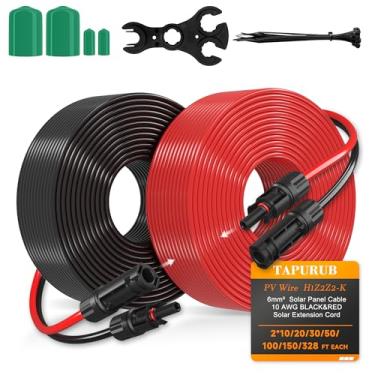 Imagem de Cabo de extensão de painel solar de 10 AWG de 6 mm² PV Wire TAPURUB de cobre estanhado com conector fêmea e macho à prova d'água para barco solar fotovoltaico Marine RV ao ar livre - calibre 10 (preto