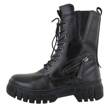 Imagem de Bota Coturno Tratorada Feminina Motoqueira Fechamento Cadarço Ajuste Elastico Sola Borracha Tamanho:35;Cor:Preto;Gênero:Feminino;Departamento BS:Esporte