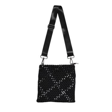 Imagem de lemonbella Faye Bolsa tiracolo de tecido para mulheres, elegante e elegante, preta com brilho metálico, alça ajustável e fecho de zíper seguro