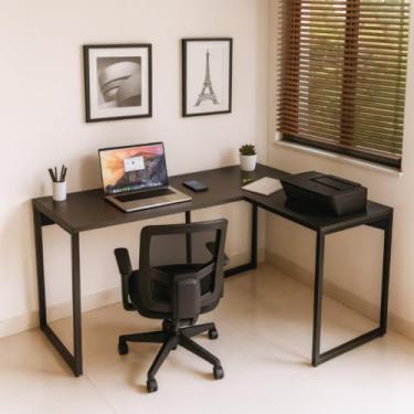 Imagem de Mesa Escritório Escrivaninha Industrial em L de canto, 130x100, 100% MDF Premium Preto com Base em Aço