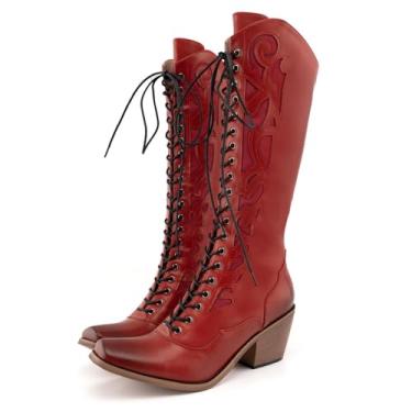 Imagem de SO SIMPOK Botas caubói femininas com cadarços, botas vintage até o joelho, botas ocidentais de salto baixo cano médio, bico quadrado alto para mulheres, Vinho tinto, 34