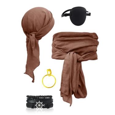 Imagem de Verceco Conjunto de acessórios masculinos de fantasia de pirata para mulheres, bandana para cabeça, cachecol, faixa, cinto, joias de pirata, 5 peças, Marrom, Tamanho Único