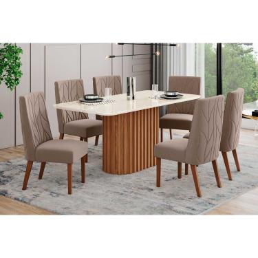 Imagem de Conjunto: Mesa Sala Jantar Solana c/ Tampo Madeirado c/ Vidro Curvo 160x90cm e 6 Cadeiras Eloa Nature/Suede Light Marrom Amêndoa - Henn