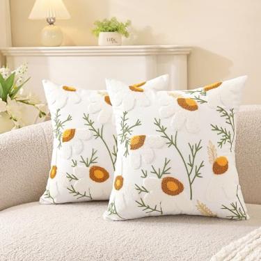Imagem de TAOSON Pacote com 2, capas de almofada bordadas com padrão de margaridas brancas, capas de almofada de lona de algodão, decoração de casa de fazenda de primavera, presente de dia dos namorados, capa