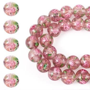 Imagem de Spritewelry 40 contas de vidro lampwork para pulseiras, contas de vidro redondas rosas de 10 mm Rondelle ouro areia lampwork espaçador com flor para fazer joias, colar, brincos, artesanato DIY