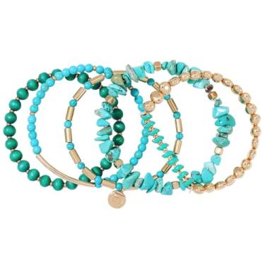 Imagem de Firstmeet Conjunto de pulseiras de emagrecimento turquesa boêmio - 5 peças empilháveis de madeira e pedra com faixas elásticas retrô para férias, Medium, Pedra, Sem Pedra Preciosa