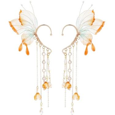Imagem de FRESHME Brincos de elfo borboleta – Brincos de fada com borla, orelhas de sereia não perfuradas, acessórios renascentistas, one size, Resina, Sem pedra preciosa