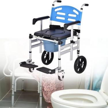 Imagem de Cadeira De Banho Com Rodas 3 Em 1 Dobrável Acolchoada Cômoda De Cabeceira Cadeira De Rodas Balde Destacável Ajustável Em Altura Com Rodas Apoios De Braços De Elevação Apoio Para Os Pés Flip
