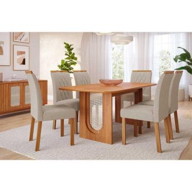 Imagem de Conjunto: Mesa de Cozinha Valentina Tampo Madeirado 180x90cm e 6 Cadeiras Juliana Cinamomo - Carvalho/Suede Nude Bege - Cimol