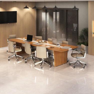 Imagem de Kit Mesa de Reunião P/escritório com 2 Módulos P/extensão Caixa de Tomada e Tampo em Tamburato 50mm Freijó/Branco