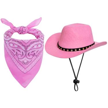 Imagem de choyaxo Fantasias de Halloween para cães, gatos, animais de estimação, cowboy, chapéu de cowboy com bandana, conjunto para Halloween, Natal, férias, festa, cosplay (rosa, grande)