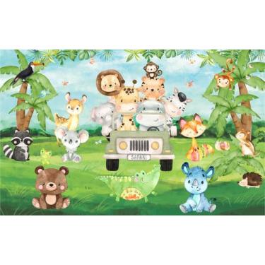Imagem de Painel de Tecido Sublimado Animais Reunidos Jeep Safari Campo Aquarela