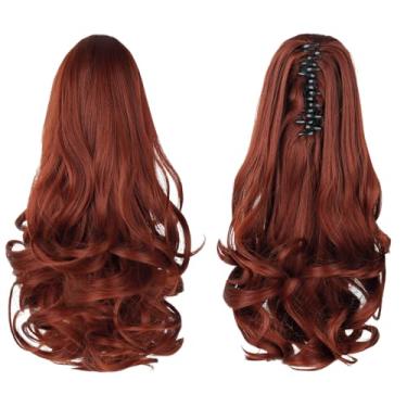 Imagem de HEWEICSY Extensão de rabo de cavalo, rabo de cavalo com clipe para mulheres, clipe de garra de 35,5 cm em extensão de cabelo de pônei ondulado curto encaracolado para mulheres - Auburn