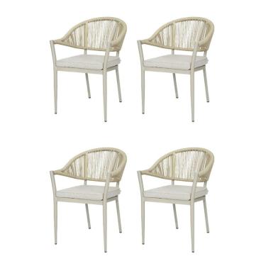 Imagem de Kit 4 Cadeiras Empilhável Amalfi Caraíva Fratini Alumínio Encosto Trama Corda Náutica Almofada Fendi