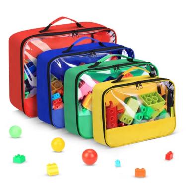 Imagem de Pacote com 4 sacos de armazenamento de brinquedos com zíper, bolsas organizadoras reutilizáveis com alça portátil, 4 tamanhos, estojo de viagem para blocos de construção, tijolos, quebra-cabeças