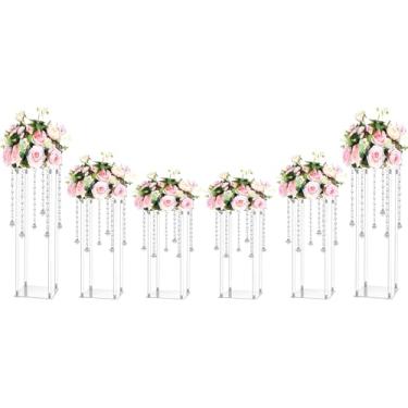 Imagem de Yerliker 6 conjuntos de suportes altos de flores de casamento, vaso de acrílico para centros de mesa com cristais de acrílico para centros de mesa e pequenos ganchos de teto de plástico para festa de