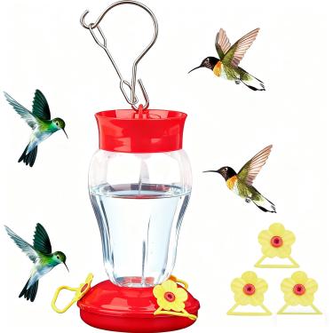 Imagem de Alimentador de beija-flor para pendurar ao ar livre, alimentador de beija-flor de plástico de 425 g com fosso de formiga e protetores de abelhas, 6 portas de alimentação de flores com poleiros