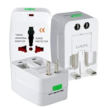 Imagem de Adaptador de Tomada Universal Para Viagem Padrão Internacional Europa UK Asia EUA JP AU EU Europeu 3 Pinos Mais de 150 Países Bivolt Trava de Segurança Portátil Ajustável (Kit 2 unidade)