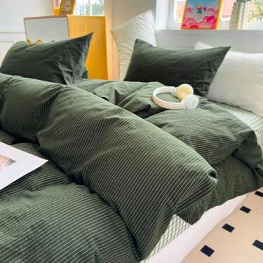 Imagem de PinkMemory Capa de edredom Queen listrada verde-oliva 100% algodão lavado, listras verde-escuras, conjunto completo de 3 peças, conjunto de cama com estampa de risca de risca com fecho de zíper, macio
