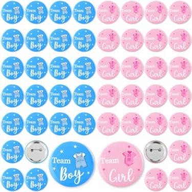 Imagem de Quelay 50 peças de broches de revelação de gênero para meninos ou meninas de 4 cm a granel, roupas de bebê decorações reveladoras de gênero lembrancinhas de festa de chá de bebê para convidados