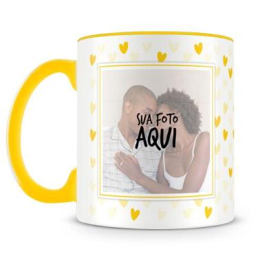 Imagem de Caneca Personalizada Corações Amarelo com 2 Fotos - Porcelana de Alto 