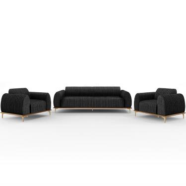 Imagem de Kit Sofá 3 Lugares 210cm Com 2 Poltronas Molino Pés D'ouro D02 Linho Chumbo D-465 - Lyam Decor