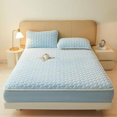 Imagem de Capa de colchão, acolchoado, de lã grossa, luxuosa, protetor de colchão de flanela de veludo, antiderrapante, cobertura total com elástico, macio, fofo, tamanho Queen, fácil de cuidar, azul, 120 x 200