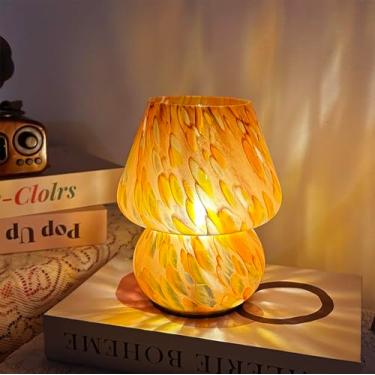 Imagem de AFORTLO Candeeiro de mesa de cogumelo alimentado por bateria com temporizador, luminária de mesa de vidro pequena sem fio, luz noturna decovativa portátil para canto/entrada/escada/banheiro/lareira