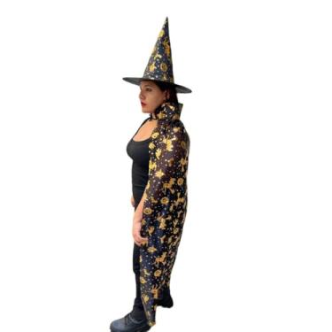Imagem de Kit Chapéu Preto Estampado com Capa de Bruxa Dourada Prata Halloween Festa Fantasia Cosplay(M,Bruxa Dourada)