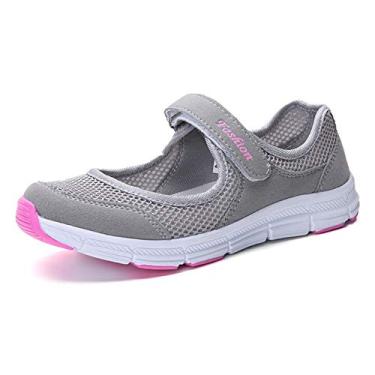 Imagem de Bigfanshu Tênis feminino raso de malha ultra leve casual Mary Janes confortável caminhada tênis plus size, Cinza, 6.5