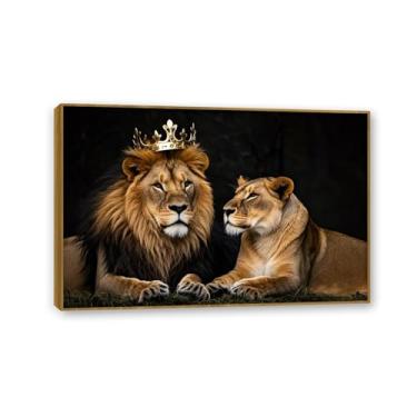 Imagem de SDYJ6GSW Pôster em tela Rei Leão com coroa de ouro Leão Casal de Leão Arte de Parede Rei e Rainha com Coroa Dourada Impressão de Pintura de Animais Preto e Branco Decoração de Parede 30 x 20 cm (12 x