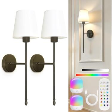 Imagem de Laiebri Conjunto de 2 arandelas de parede operadas por bateria, arandela de parede sem fio com lâmpadas recarregáveis e controle remoto, 15 cores e reguláveis, arandelas pretas para quarto, sala de