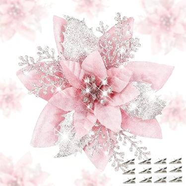 Imagem de LumBelle 24 peças de flores artificiais de Natal 15 cm flores de poinsétias com glitter com clipes para árvore de Natal, faça você mesmo, guirlanda de Natal, decoração de ano novo (rosa