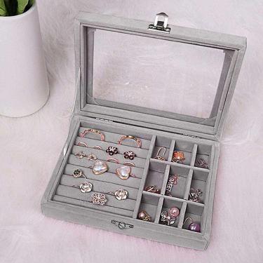 Imagem de Porta Joias Tampa Vidro Organizador Veludo Divisória Cinza