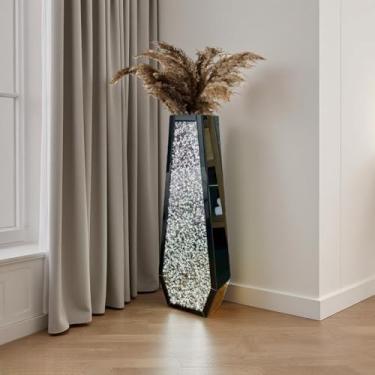 Imagem de Vasos grandes de diamante triturado dupla face de 76 cm, vaso alto espelhado preto para chão, vaso decorativo de diamante de cristal para casa, escritório, hotel (preto, 27 cm C x 13,5 cm L x 76 cm A)