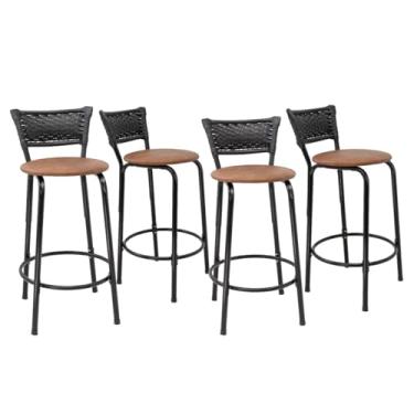 Imagem de Kit 4 Banco Para Bancada Cozinha Gourmet Estrutura Preta Encosto Junco Preto Balcão Ilha Bar Banqueta 60cm Itagold (Assento Marrom Claro)