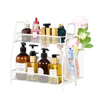 Imagem de Organizador de Banheiro em Metal Preto, 2 Níveis, Prateleira de Malha para Cosméticos e Produtos de Higiene, Estilo Moderno (branco)
