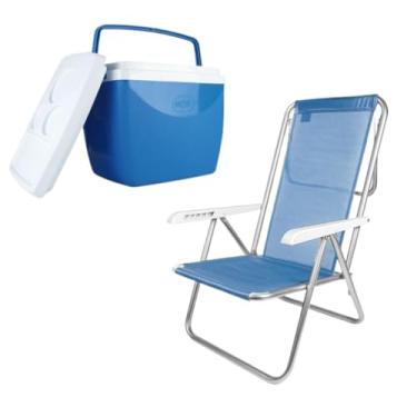 Imagem de Kit com 2 Cadeiras de Praia Reclináveis em Alumínio, 8 Posições, Suporta 100kg cada - para Piscina e Jardim (Kit Caixa Térmica 18L - Azul)