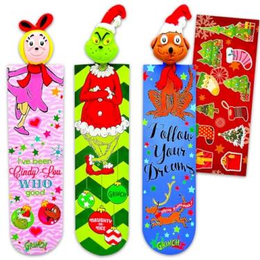 Imagem de Conjunto de marcadores de livro Grinch – Pacote com 3 materiais escolares e de Natal com adesivos Grinch, Cindy Lou Who, Max com Topper 3D Plus | How The Grinch roubou acessórios de escritório de