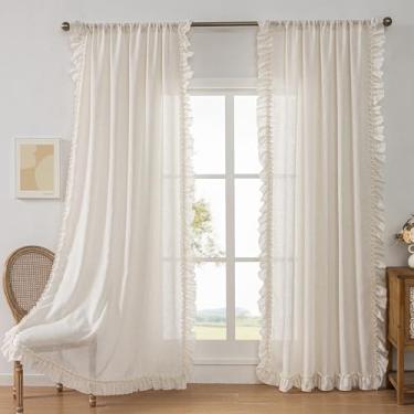 Imagem de Cortinas extralongas com babados de 277 cm de comprimento, 2 painéis, 147 x 272 cm, cortinas texturizadas de linho natural com babados para sala de estar, bolso de varão, privacidade, filtro de luz