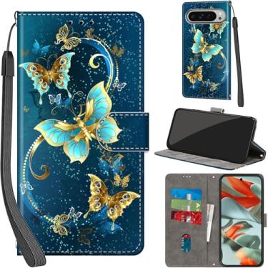 Imagem de Capa carteira para Google Pixel 9 Pro XL 2024, com [3 compartimentos para cartões], fecho magnético com suporte, capa protetora flip de couro PU à prova de choque 2024, borboleta verde dourada
