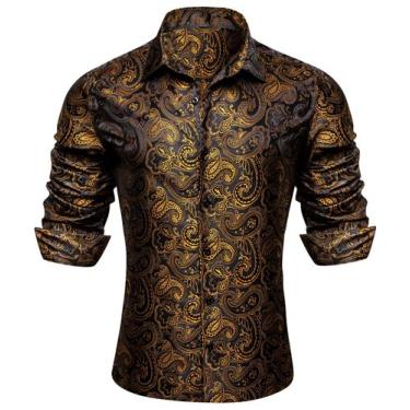 Imagem de Camisa masculina YOHOWA Paisley Floral Silk Business Casual preta